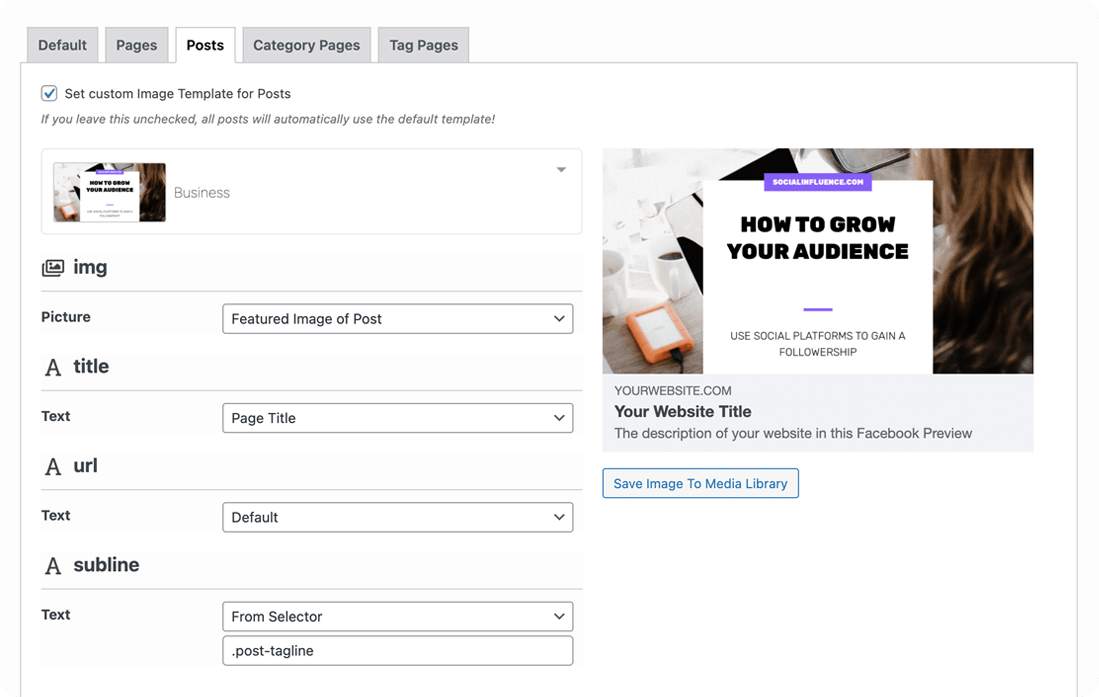 Placid for WordPress default settings screen